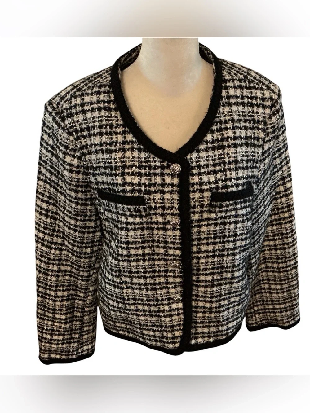Simple Retro Bouclé Tweed Wool Blend Jacket Sz L Black White Buttons 60s Style